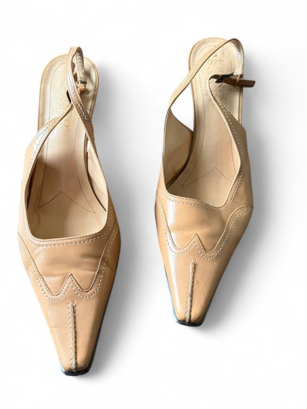Tan leather slingback kitten heels with pointed toe   Size 9  3" heel